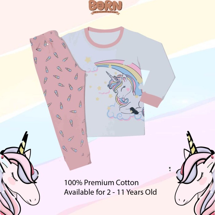 Born baju tidur anak perempuan unicorn umur 2 - 12 tahun - 2