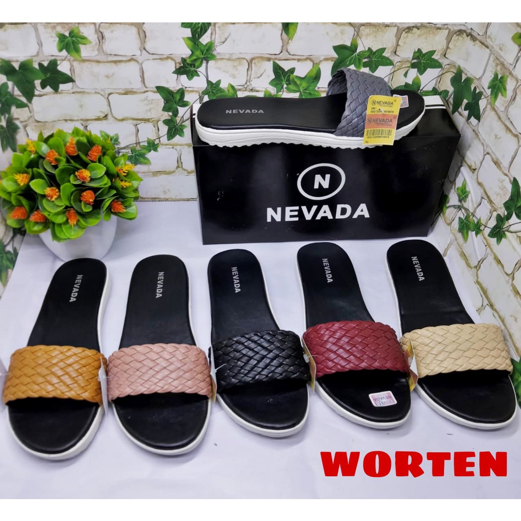 Sandal slop nevada motif anyam/sandal wanita slop terbaru