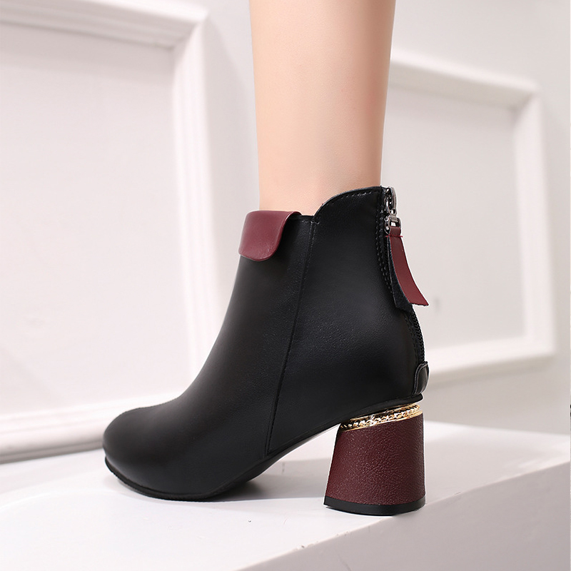 Sepatu Boots Martin Wanita Model Mid Heels Tebal Warna Merah(Dengan kotak sepatu)