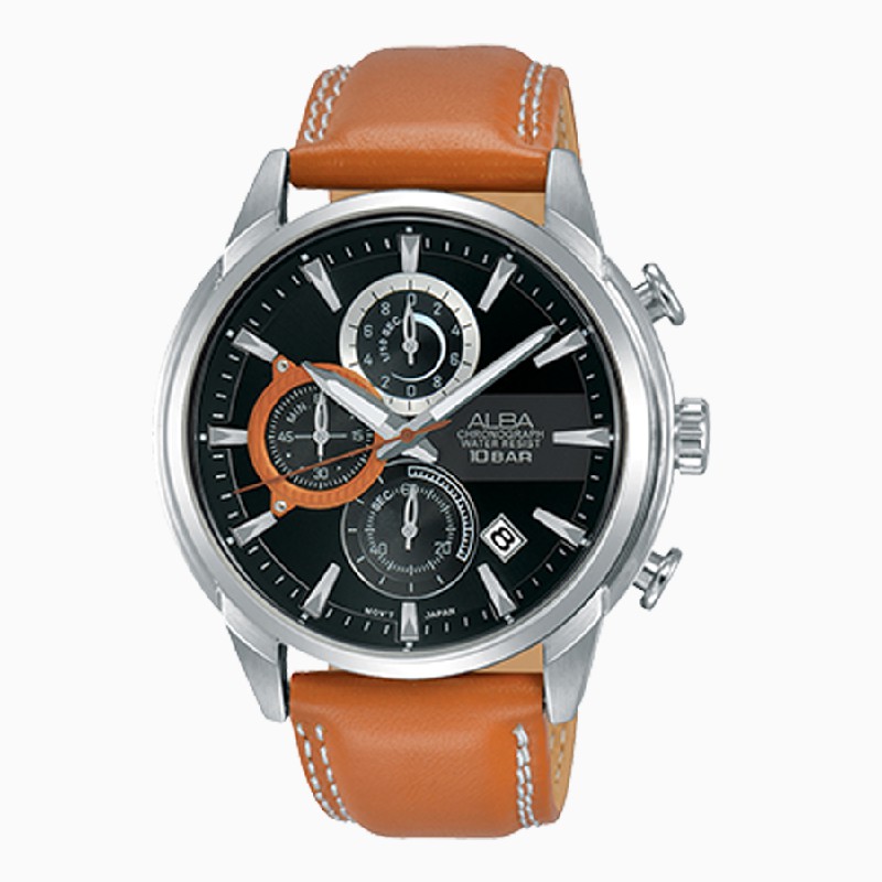 Jam Tangan Pria AM3517 Alba Quartz AM3517X1 Chronograph Brown Leather
