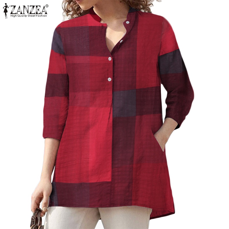 ZANZEA Women Lpng Sleeve Vintage Plaid Printed Loose V-Neck Blouse