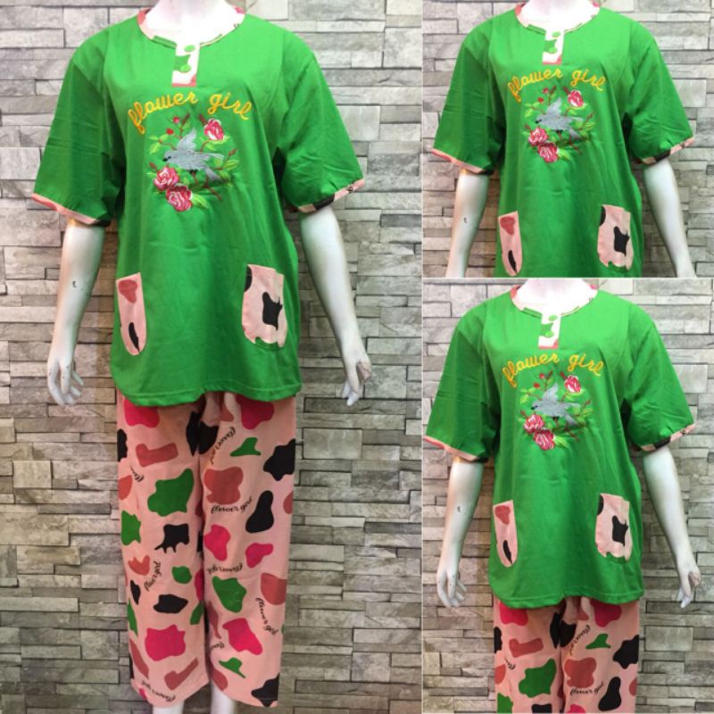 JUMBO CP DAILILAN  | BAJU TIDUR WANITA DEWASA | COD | PIYAMA-Flower Girl Hijau