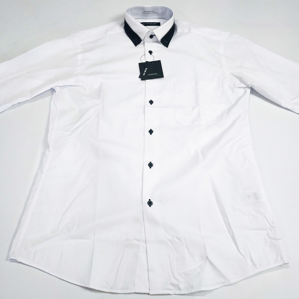 Kemeja ALISAN Spesial Doby Slim Fit Lengan Panjang ( PUTIH KERAH HITAM SETENGAH )