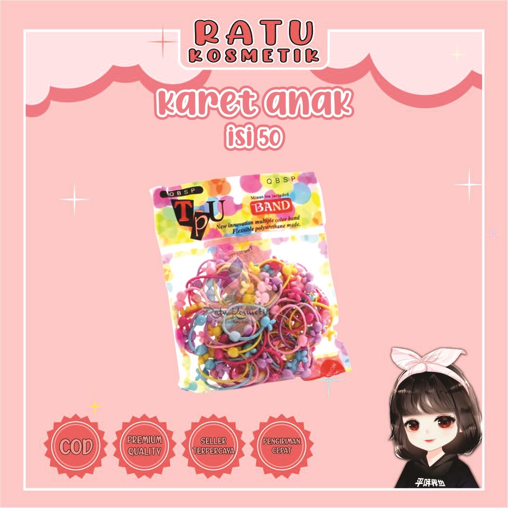 ❤ RATU ❤ Ikat Rambut Anak | Karet Mix | Kunciran Warna Warni Murah isi 50 pcs 4 Pompom Karakter