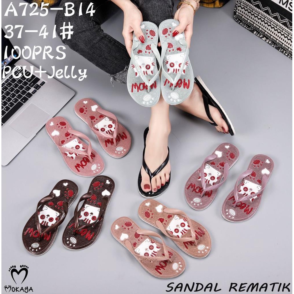 Sandal Jepit Jelly Rematik Wanita Motif Cat Meow Lucu Imut Import Mokaya / Size 37-41 (A725-B14)