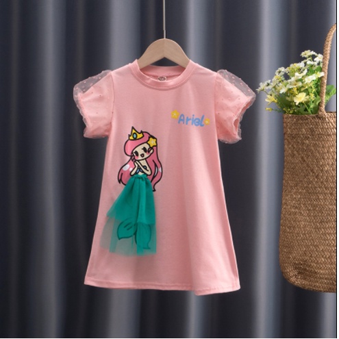 Dress Puff Sleeves anak perempuan Princess Elsa Snow White Mermaid Aurora Model T-shirt/ Dress Kasual