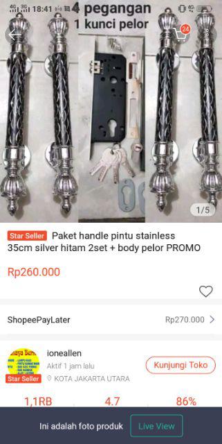 Paket Handle Pintu Stainless 35cm Silver Hitam 2set + Body Pelor Promo Termurah