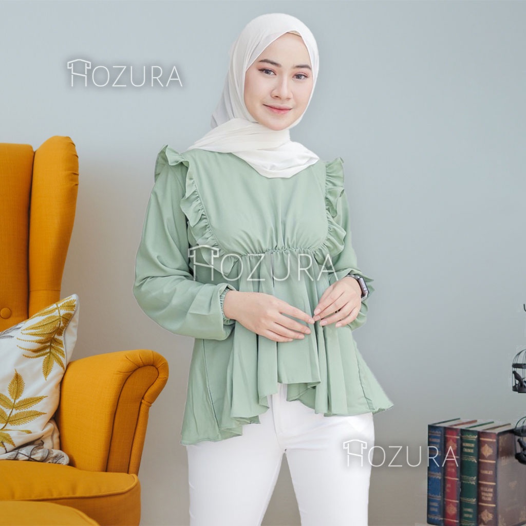 HOZURA - Blouse Dina - Atasan Muslim Wanita - Blus Wanita Muslim Ruffle - Baju Atasan Wanita Salma Blouse Kemeja Rempel Dada Crinkle Blouse Atasan Wanita Polos - Top - Baju Muslim Wanita - Blus Muslim Mewah - Kekinian Murah Gratis Ongkir COD