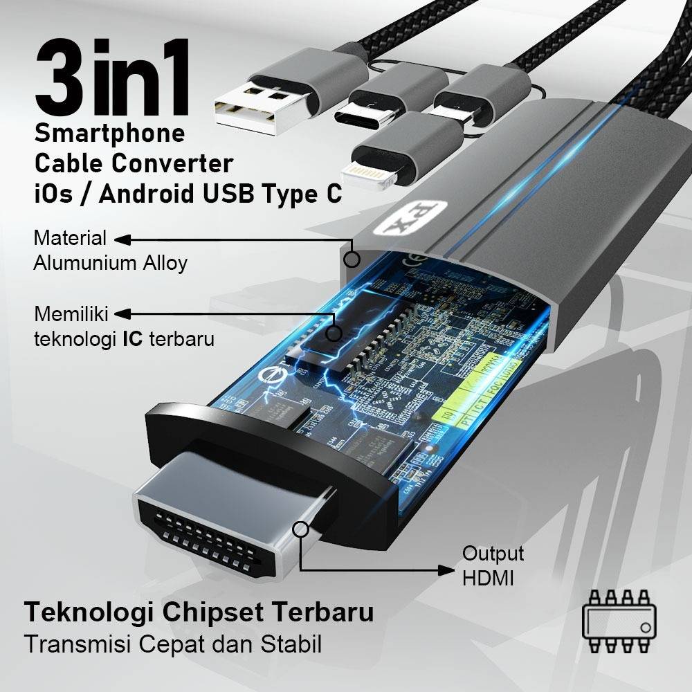 PX Kabel HDMI ke Type C USB/Micro/Lightning Converter 3 in 1 2 Meter