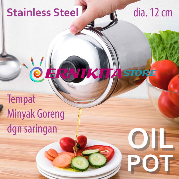 OIL POT KOMODO STAINLESS 1.1 L TEBAL WITH STRAINER - Mug Saringan Penampung Minyak Goreng