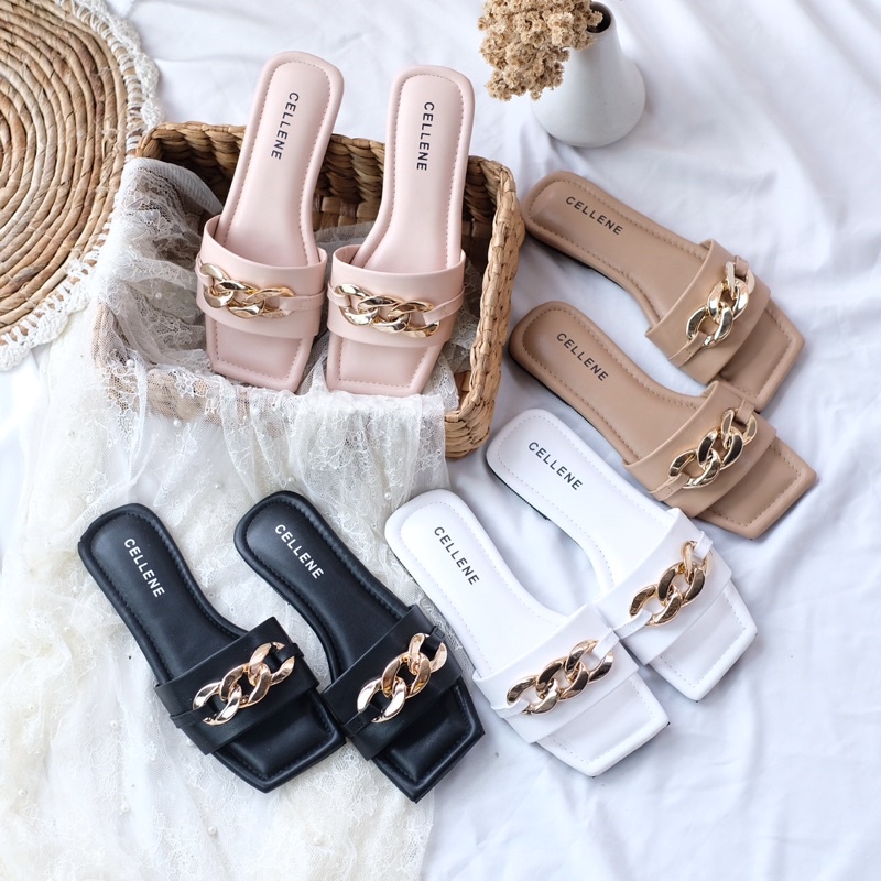 𝗖𝗘𝗟𝗟𝗘𝗡𝗘 Bichain Flat Sandal / sandal teplek wanita acc rantai gold full busa