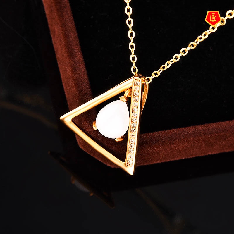 [Ready Stock]Hotian Jade Pendant S925 Silver Triangle Gold Necklace Elegant Graceful