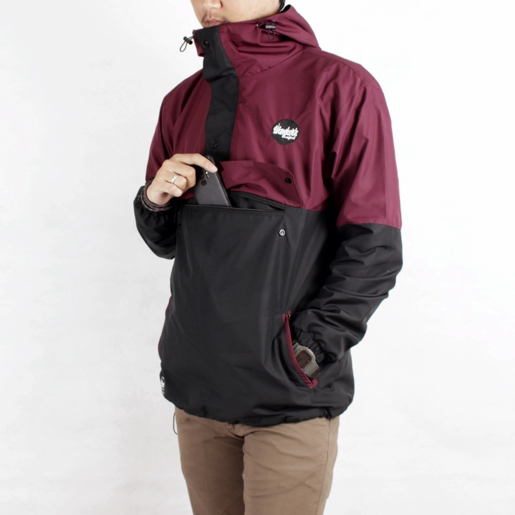 [COD] Jaket Hoodie Outdoor Cagoule Kantong Doraemon original-MAROON - HITAM