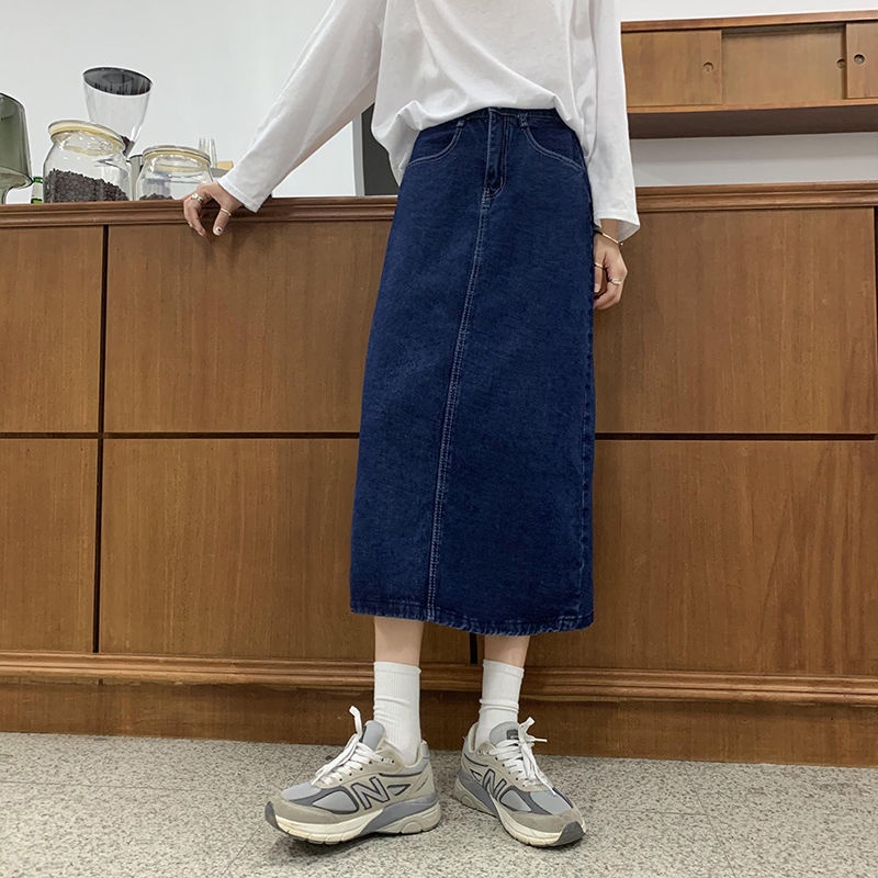 ✅COD Rok denim split gaya Korea rok a-line wanita berpinggang tinggi sedang untuk menutupi rok pinggul selangkangan