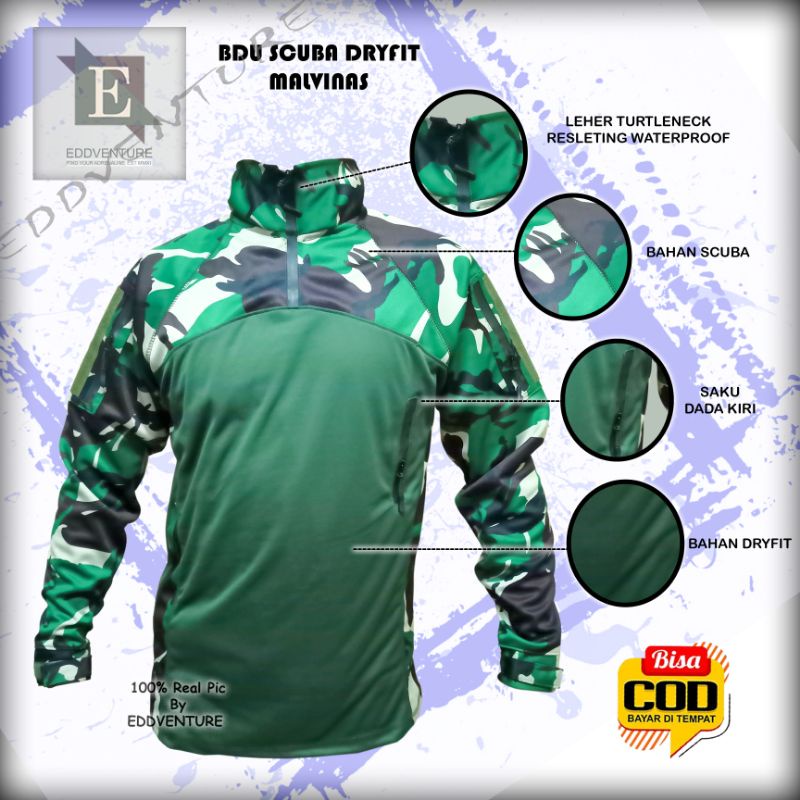 Baju kaos atasan pakaian BDU bahan scuba combed dry fit premium resleting waterproof kerah tinggi turtleneck dryfit loreng malvinas lengan panjang tentara militer pria wanita TNI TAD KASAL KASAD KASAU NKRI