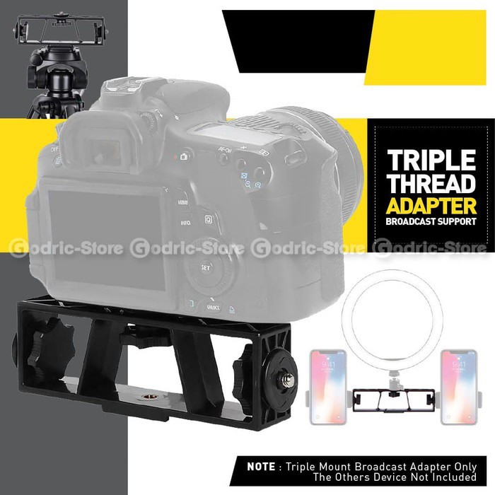 3 Triple Thread Adapter Bracket Extension 1/4 Extra Holder HP / MIC di Tripod Ring Light Vlog