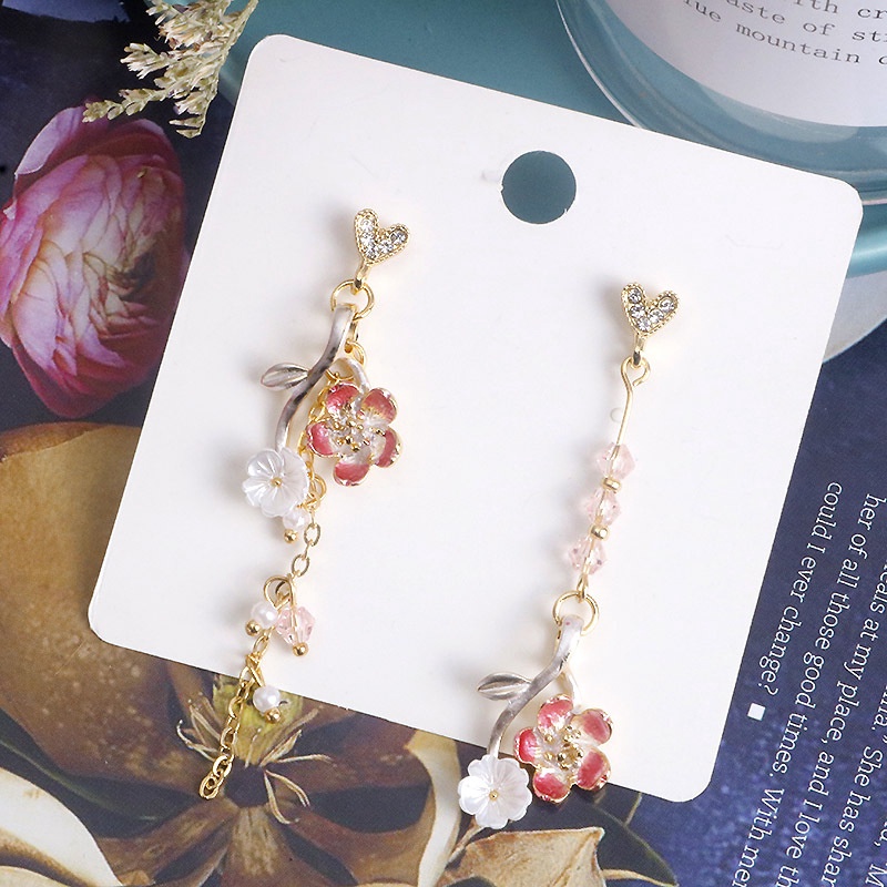 Anting Tusuk Gantung Panjang Asimetris Desain Bunga Sakura Bahan Silver 925 Untuk Wanita