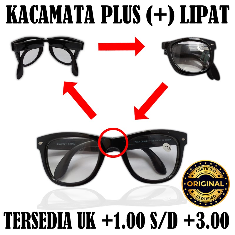 Kacamata Baca Lipat Plus (+) Pria Wanita Uk +1.00- +3.00 Kaca mata Plus Kacamata Rabun Dekat Unisex