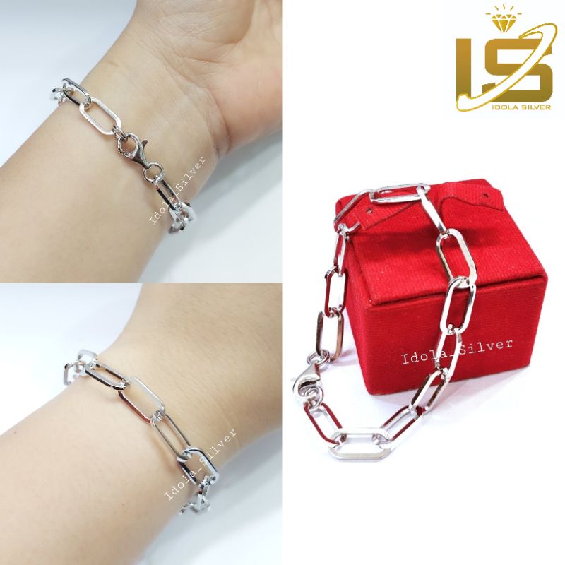 GELANG PERAK ASLI SILVER 925 LAPIS EMAS PUTIH MODEL RANTAI KOTAK2 POLOS - PERHIASAN PERAK WANITA