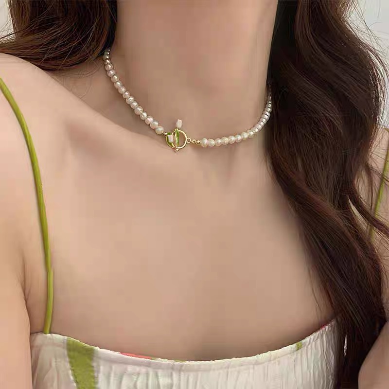 YEEZII Kalung Choker Rantai Klavikula Bahan Logam Hias Mutiara Bentuk Tulip Untuk Wanita