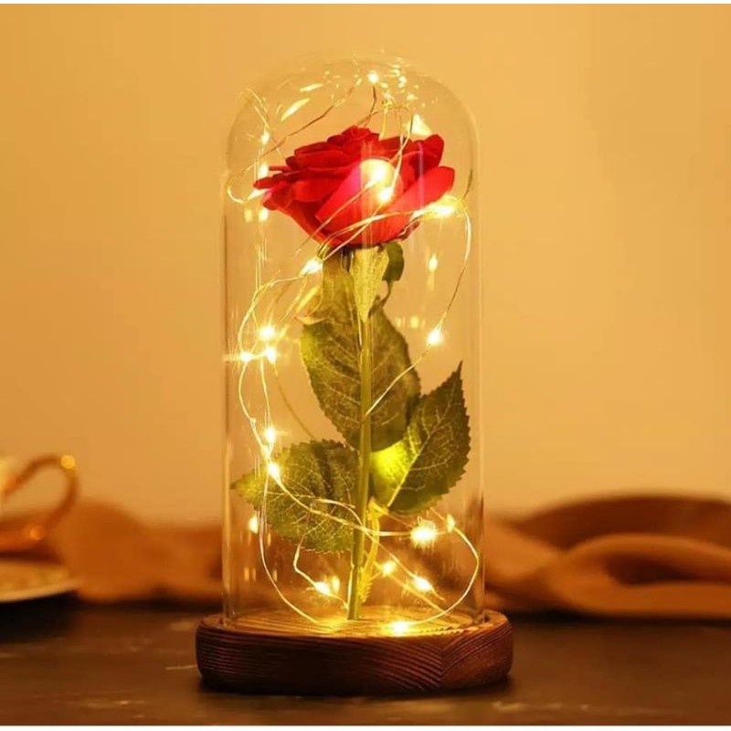 Bunga Valentine  Lampu Kaca Ulang Tahun Kado Pacar Hadiah Unik Perempuan Graduation Anniversary Awet Flower Mawar Dome Kayu Belle flower