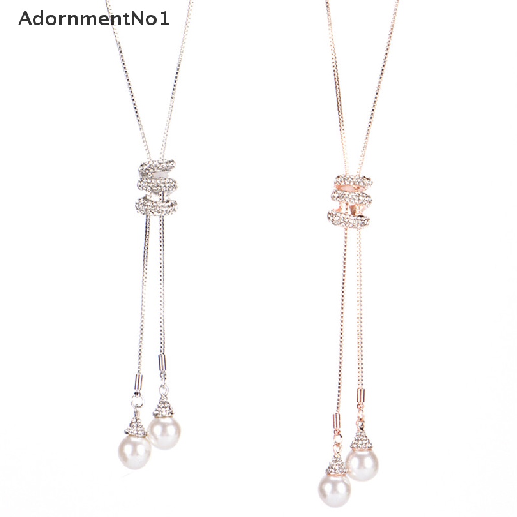 (AdornmentNo1) Kalung Rantai Panjang Dengan Liontin Mutiara + Berlian Imitasi Untuk Wanita