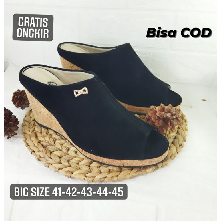 Wedges Big size Woman / SLOP Kulit Suede Black Elegant Size JUMBO 41-45 Hitam Pesta, 44