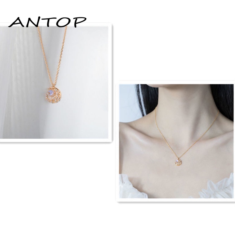 Moon Diamond Moonstone Necklace Desain Sederhana Kalung Mewah Ringan ANTOP