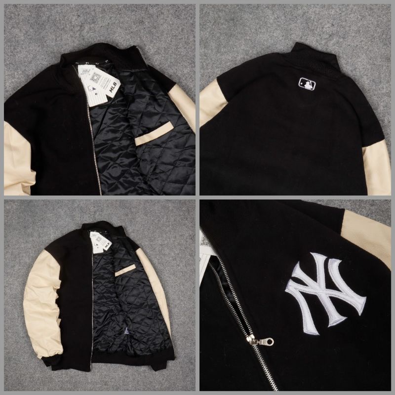 JAKET VARSITY ZIPPER NY MLB COMBINASI HITAM&amp;CREAM FULLTAG &amp; LEBEL