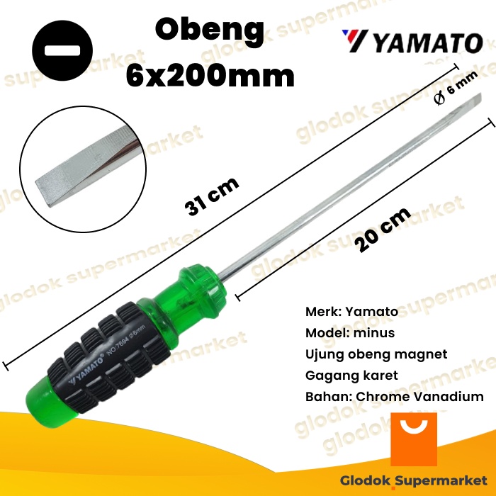 Obeng Minus 8 inch Yamato Diameter 6mm Panjang Besi 20cm Magnet Gagang Karet