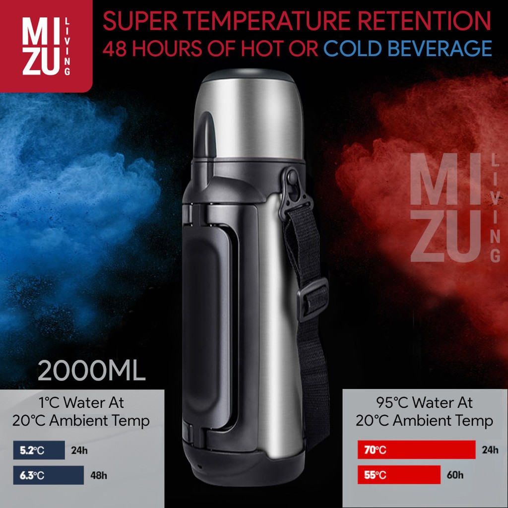 MIZU EXPEDITION 1500ml 2000ml Vacuum Thermos Bottle TAHAN 48 JAM Termos Botol Air Panas Air Es-2000ml SILVER
