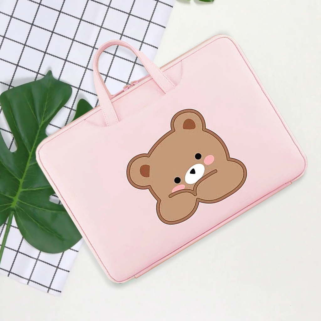 Sleeve Pouch Sarung Tas Bag Case Ipad Tab Tablet Macbook Air Pro Laptop Asus Acer Lenovo HP Huawei 11 12 13 14 15 inch Motif Gambar Bear Brown Beruang Warna Pink Coklat Lucu Cute Murah Korean Model Jinjing Tali Strap