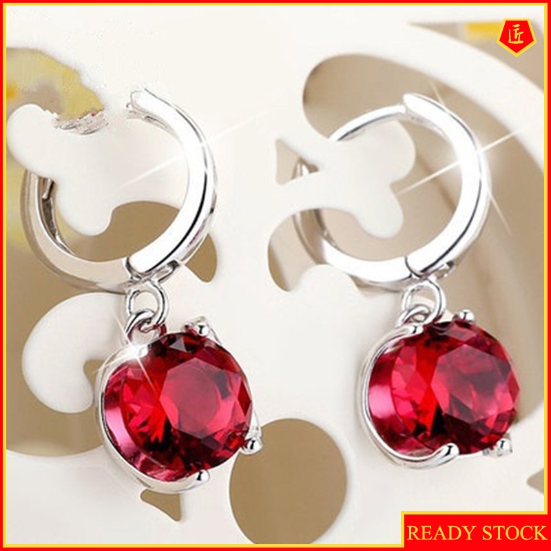 [Ready Stock]Silver Red Crystal Eardrops Fashion Temperamental Long Earrings