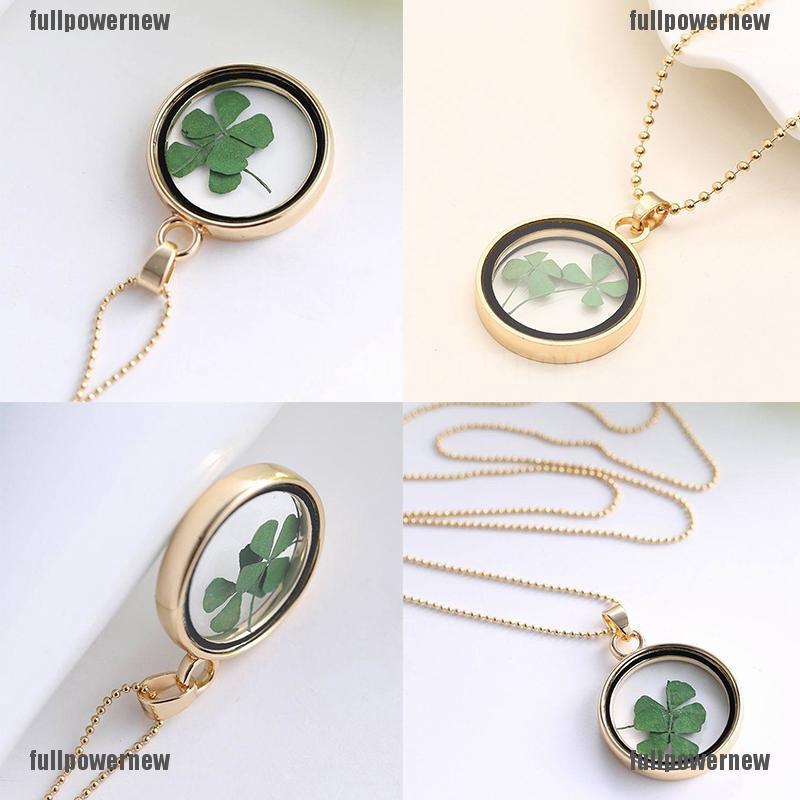 Kalung Dengan Liontin Bentuk Bunga Clover Kering Bahan Resin