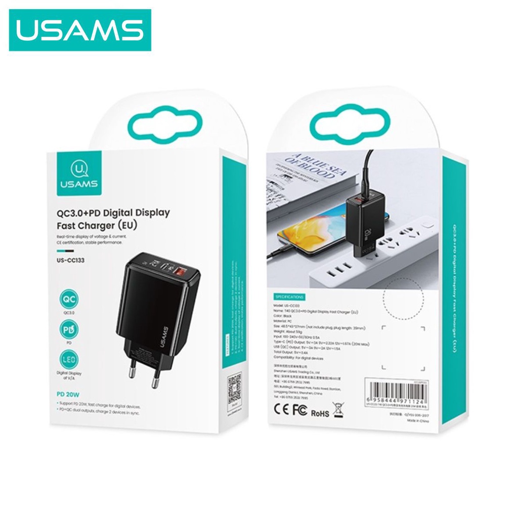 USAMS T40 Adaptor Kepala Charger Fast Charge Digital Display QC3.0 PD 20W