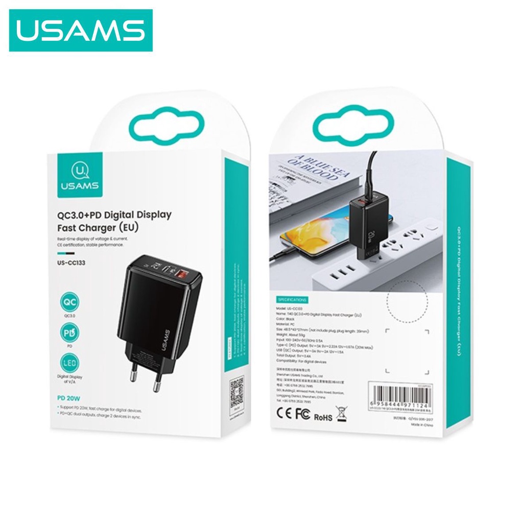 USAMS T40 Adapter Charger Fast Charge Digital Display QC3.0 PD 20W