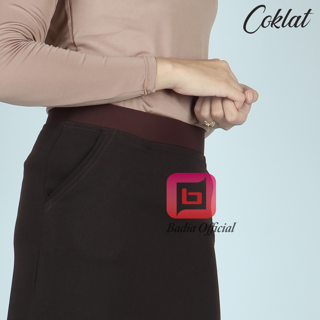 rok A line pinggang karet panjang polos bahan semiwool polyester HID sedikit stretch formal kerja kantor jumbo wanita premium