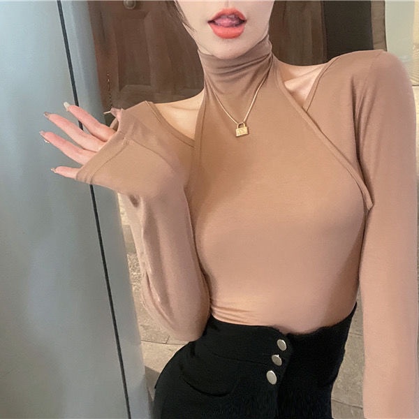 #Sisjuly# T-shirt ketat turtleneck kemeja bottoming hangat palsu dua