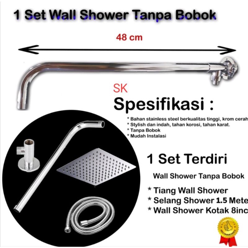 Paket wall shower 8 inch kamar mandi STAINLESS 1/2in - bracket sambungan T tiang pipa wall shower tanpa bobok Tembok nepel fitting instalasi luar shower tembok stenlis 1/2