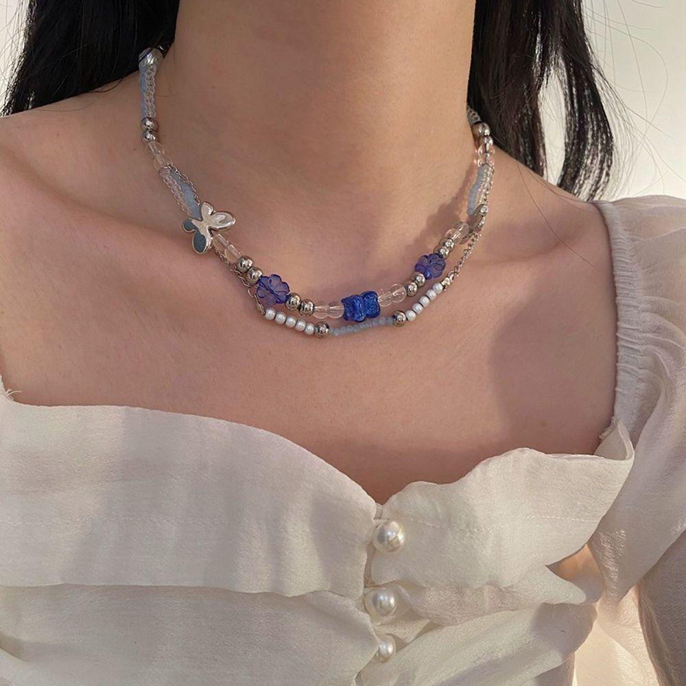 Mxbeauty Kalung Wanita Untuk Anak Perempuan Vintage Biru Liontin Manik-Manik Double Layer Leher Perhiasan