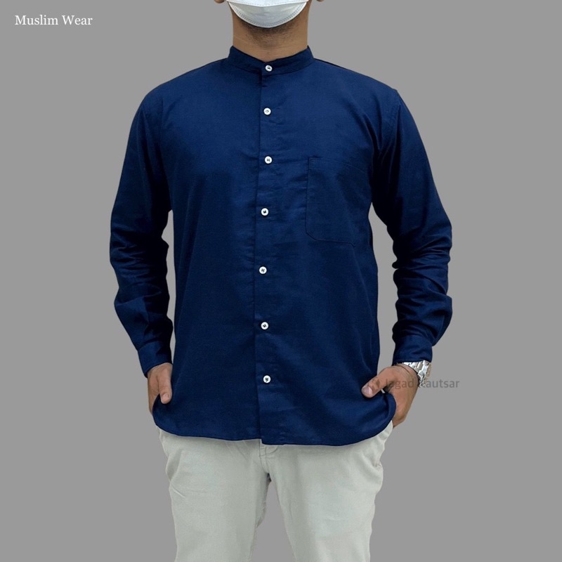 Baju muslim pria kerah shanghai, Kemeja koko, Kemeja koko kerah shanghai-Navy