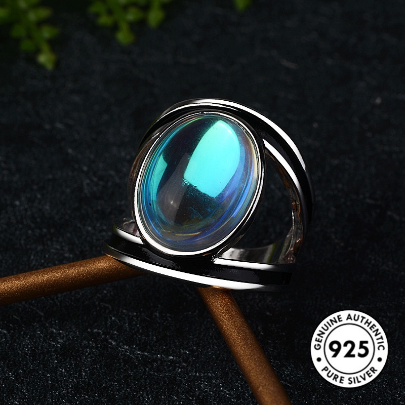 Cincin S925 Silver Aksen Batu Bulan Warna-Warni Gaya Retro