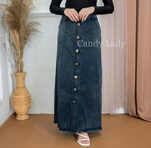 TORE- Rok Button Jeans Panjang Kancing Depan Up Maxi Skirt Snow Lady