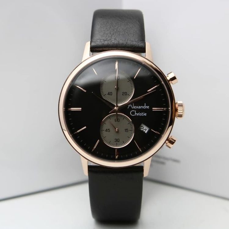 Alexandre Christie AC6572 Original Jam Tangan Pria Tali Kulit Hitam Rosegold