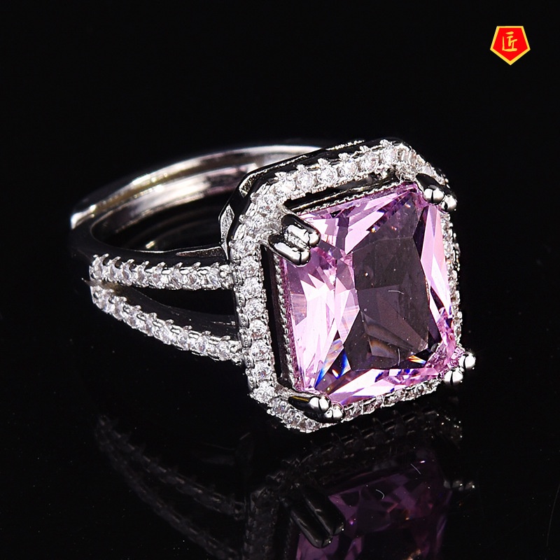 [Ready Stock]High-End Luxury Elegant Rectangular Pink Tourmaline Open Ring