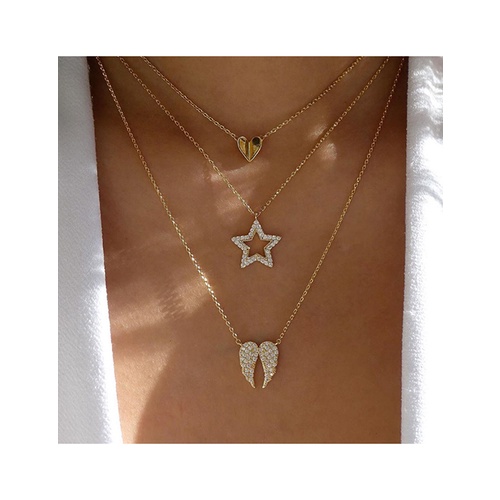 LRC Kalung Fashion Golden Diamond Heart Wings Pentagram Alloy Multilayer Necklace K83445