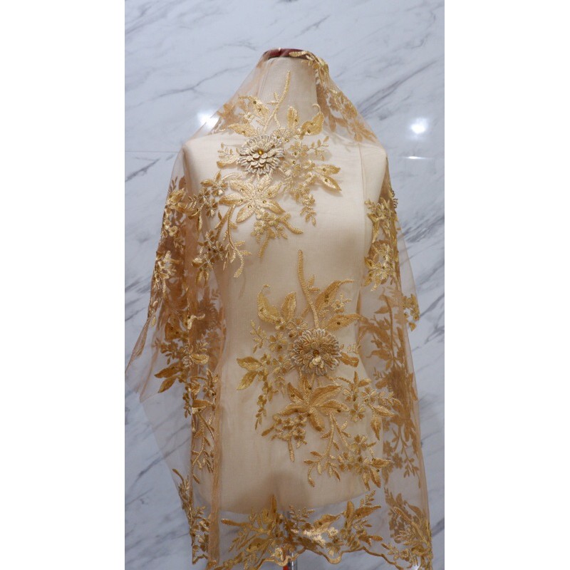 Kain brokat brukat payet bunga 3D GOLD