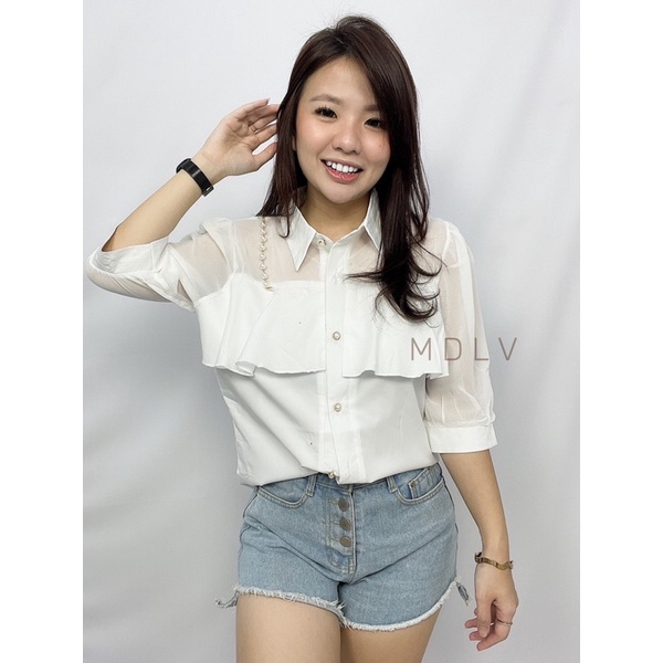 MDLV ~ 7840# Pdk Elaine Layered Short Sleeve Shirt Atasan Blouse Pearl Kemeja Premium Fashion Import