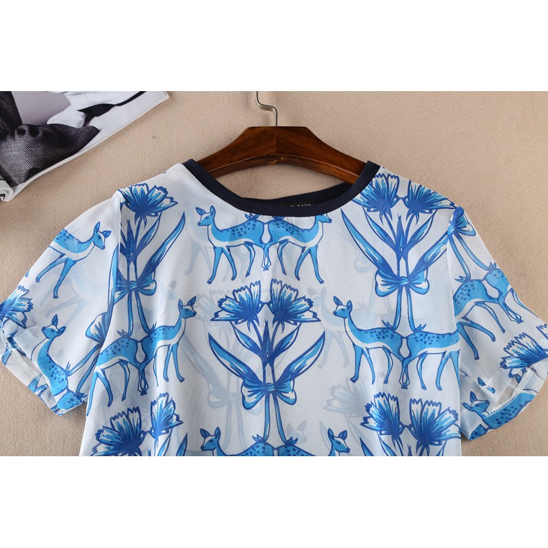 BL08 blouse import tee retro animal blue chiffon kaos lengan pendek