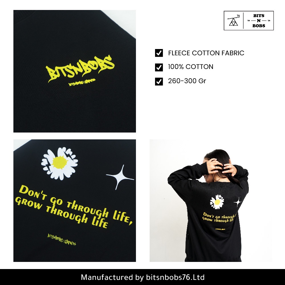 Bitsnbobs76 Daisy Black Crewneck Sweater Pakaian Baju Hangat Wanita Dan Pria Bahan Cotton Premium